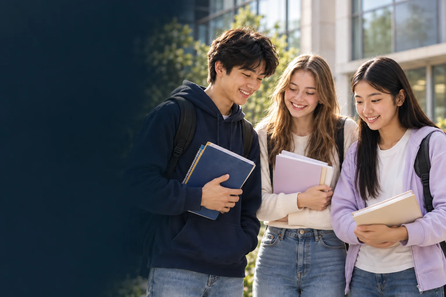 Three international-school friends sharing a happy moment outside the library